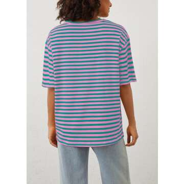MISSACTIVER Oversized Striped T-Shirt for Women Casual Deep V Neck Short Sleeve Drop Shoulder Tee Shirt Summer Going Out Tops Pink Blue, Small