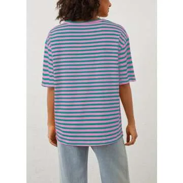 MISSACTIVER Oversized Striped T-Shirt for Women Casual Deep V Neck Short Sleeve Drop Shoulder Tee Shirt Summer Going Out Tops Pink Blue, Small