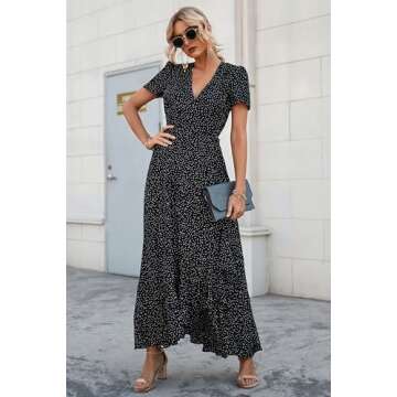 PRETTYGARDEN Women's Summer Wrap Maxi Dress Casual Boho Floral V Neck Short Sleeve Ruffle Hem Split Beach Long Dresses (Black Polka Dot,X-Large)