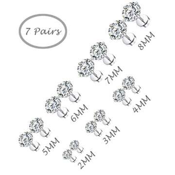 Tornito 7 Pairs 20G Stainless Steel Stud Earrings Round Cubic Zirconia Barbell Earring Set For Men Women 2MM-8MM Silver Tone