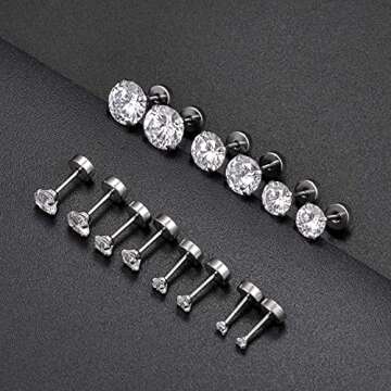 Tornito 7 Pairs 20G Stainless Steel Stud Earrings Round Cubic Zirconia Barbell Earring Set For Men Women 2MM-8MM Silver Tone
