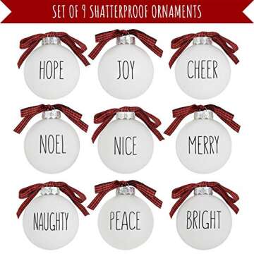 Buffalo Plaid Christmas Tree Ornaments - Set of 9 Shatterproof Bulbs - Farmhouse Word Ornaments - Compatible with Rae Dunn Rustic Decorations - Matte White Bulbs with Red & Black Buffalo Check Bows