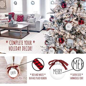 Buffalo Plaid Christmas Tree Ornaments - Set of 9 Shatterproof Bulbs - Farmhouse Word Ornaments - Compatible with Rae Dunn Rustic Decorations - Matte White Bulbs with Red & Black Buffalo Check Bows