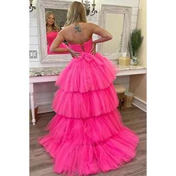 Sevintage Hot Pink Tulle High Low Prom Dresses for Women 2022 Strapless Formal Tiered Dresses Long L...