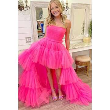 Sevintage Hot Pink Tulle High Low Prom Dresses for Women 2022 Strapless Formal Tiered Dresses Long Layered Party Gown with Train US2