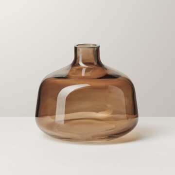 Torre & Tagus Belle Mouth Blown Art Glass Vase for Flowers - 4" Tall Clear Light Brown Colorful Vase...