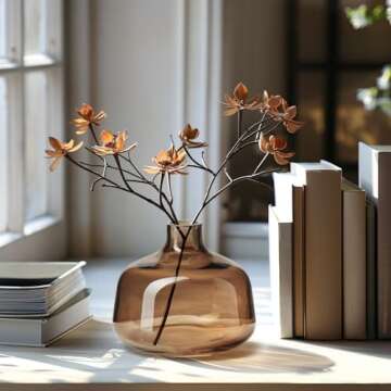 Torre & Tagus Belle Mouth Blown Art Glass Vase for Flowers - 4" Tall Clear Light Brown Colorful Vase, Handmade Small Brown Vase for Home Decor, Brown Bud Vase as Decorative Shelf Decor or Wedding