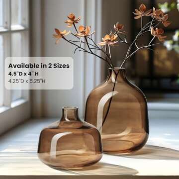 Torre & Tagus Belle Mouth Blown Art Glass Vase for Flowers - 4" Tall Clear Light Brown Colorful Vase, Handmade Small Brown Vase for Home Decor, Brown Bud Vase as Decorative Shelf Decor or Wedding