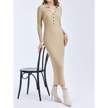 Langwyqu Womens Knit Long Sweater Dress Button V Neck Collared Long Sleeve Ribbed Bodycon Pullover 2024 Fall Maxi Dresses Khaki