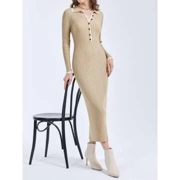 Langwyqu Womens Knit Long Sweater Dress Button V Neck Collared Long Sleeve Ribbed Bodycon Pullover 2024 Fall Maxi Dresses Khaki
