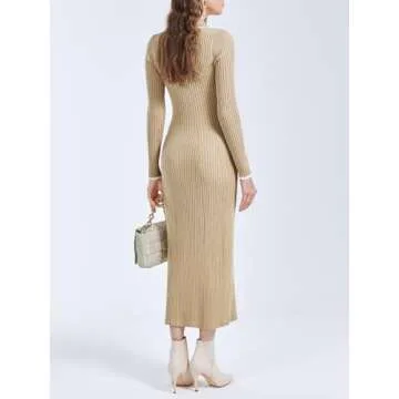 Langwyqu Womens Knit Long Sweater Dress Button V Neck Collared Long Sleeve Ribbed Bodycon Pullover 2024 Fall Maxi Dresses Khaki