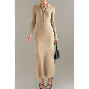 Langwyqu Womens Knit Long Sweater Dress Button V Neck Collared Long Sleeve Ribbed Bodycon Pullover 2024 Fall Maxi Dresses Khaki