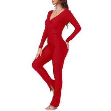 SHXUALU Sexy Two Piece Outfits for Women Long Sleeve Deep V Neck Tops Bodycon Flare Pants 2 Piece Sets for Concert Club Party, Red, XX-Large