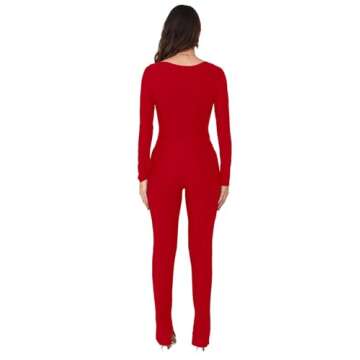 SHXUALU Sexy Two Piece Outfits for Women Long Sleeve Deep V Neck Tops Bodycon Flare Pants 2 Piece Sets for Concert Club Party, Red, XX-Large