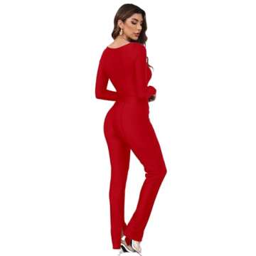 SHXUALU Sexy Two Piece Outfits for Women Long Sleeve Deep V Neck Tops Bodycon Flare Pants 2 Piece Sets for Concert Club Party, Red, XX-Large