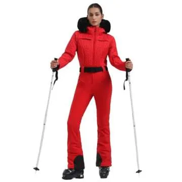 GSOU SNOW Ski Suit Women One Piece Snowsuit Slim Jumpsuit Faux Fur Collar Snowboard Outdoor Sports Waterproof Windproof