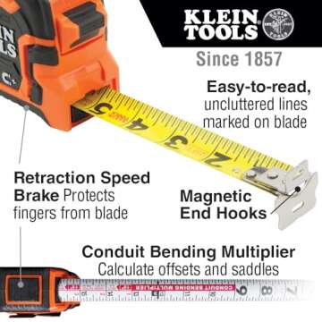 Klein Tools 86225 Tape Measure, 25-Foot Double Hook Magnetic with Finger Brake, Easy to Read Bold Li...