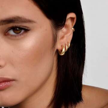 NECOCY Small Hoop Earrings Set for Women, 14K Gold Plated Mini Chunky Huggie Hoops Earrings Hypoalle...