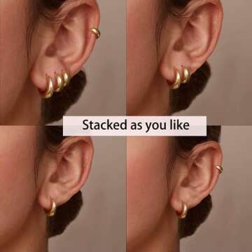 NECOCY Small Hoop Earrings Set for Women, 14K Gold Plated Mini Chunky Huggie Hoops Earrings Hypoallergenic Stackable Earring for Multiple Piercing Dainty Cartilage Earring for Women's Jewelry Gift