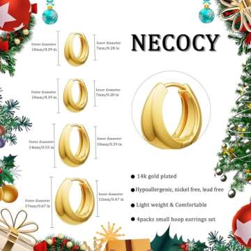 NECOCY Small Hoop Earrings Set for Women, 14K Gold Plated Mini Chunky Huggie Hoops Earrings Hypoallergenic Stackable Earring for Multiple Piercing Dainty Cartilage Earring for Women's Jewelry Gift