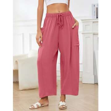 Flygo Women's Wide Leg Pants Summer Casual Loose Fit Beach Palazzo Harem Pants with Pockets(Pink-XL)