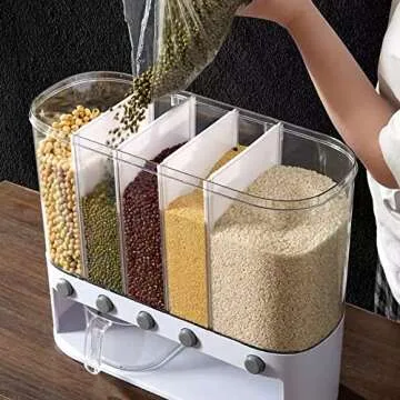Xilei Dry Food Dispenser,Wall mounted 5 Grid Cereal Dispenser,Rice dispenser 25 pounds Kitchen Storage with Measuring Cup