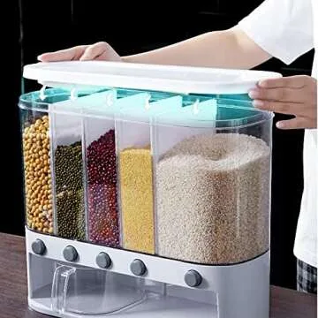 Xilei Dry Food Dispenser,Wall mounted 5 Grid Cereal Dispenser,Rice dispenser 25 pounds Kitchen Storage with Measuring Cup