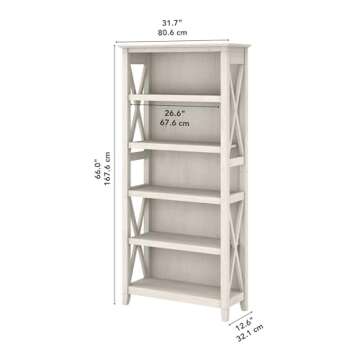 Bush Furniture Tall 5 Shelf Bookcase for Living Room or Home Office, Large Bookshelf, Modern Farmhouse Style, Key West Collection, Linen White Oak