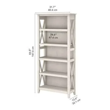 Bush Furniture Tall 5 Shelf Bookcase for Living Room or Home Office, Large Bookshelf, Modern Farmhouse Style, Key West Collection, Linen White Oak