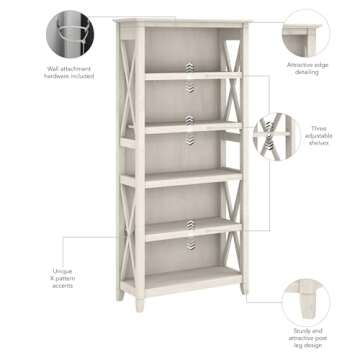 Bush Furniture Tall 5 Shelf Bookcase for Living Room or Home Office, Large Bookshelf, Modern Farmhouse Style, Key West Collection, Linen White Oak