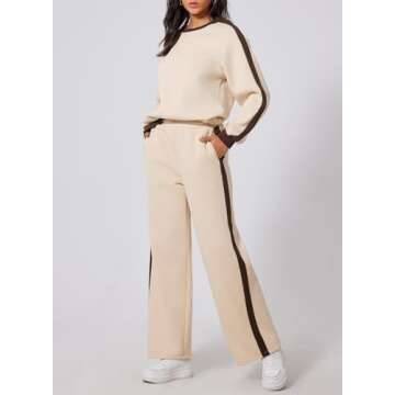 Herseas Women 2 Piece Outfits Contrast Trim Beige Sweatsuit Long Sleeve Crewneck Fashion Comfy Airpo...