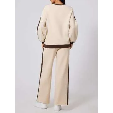 Herseas Women 2 Piece Outfits Contrast Trim Beige Sweatsuit Long Sleeve Crewneck Fashion Comfy Airport Outfit Thick Lounge Wear