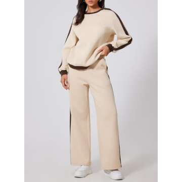 Herseas Women 2 Piece Outfits Contrast Trim Beige Sweatsuit Long Sleeve Crewneck Fashion Comfy Airport Outfit Thick Lounge Wear