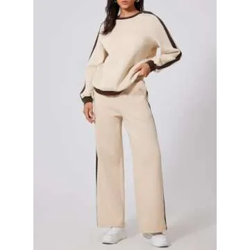 Herseas Women 2 Piece Outfits Contrast Trim Beige Sweatsuit Long Sleeve Crewneck Fashion Comfy Airport Outfit Thick Lounge Wear