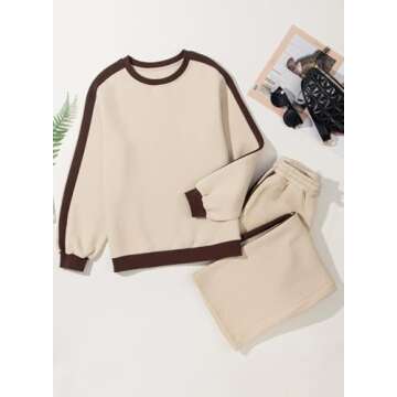 Herseas Women 2 Piece Outfits Contrast Trim Beige Sweatsuit Long Sleeve Crewneck Fashion Comfy Airport Outfit Thick Lounge Wear