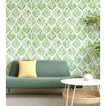 HAOKHOME Boho Peel and Stick Wallpaper Floral Tulip Leaves Green/White Removable Bathroom Kitchen Contact Paper Home Wall Decor 17.7in x 9.8ft