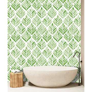 HAOKHOME Boho Peel and Stick Wallpaper Floral Tulip Leaves Green/White Removable Bathroom Kitchen Contact Paper Home Wall Decor 17.7in x 9.8ft
