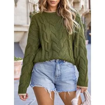 EVALESS Womens Casual Crewneck Sweaters Trendy Long Sleeve Color Block Sweater Tops for Women Fall 2024 Chunky Cable Knit Pullover Sweaters Comfy Warm Loose Fit Clothes Dark Green Medium