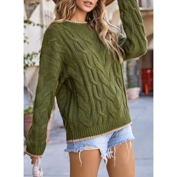 EVALESS Womens Casual Crewneck Sweaters Trendy Long Sleeve Color Block Sweater Tops for Women Fall 2024 Chunky Cable Knit Pullover Sweaters Comfy Warm Loose Fit Clothes Dark Green Medium