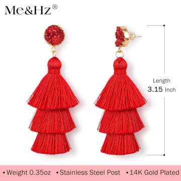 Me&Hz Red Tassel Earrings Layered Fringe Statement Dangle Drop Red Earrings for Women Dangling Red Christmas Earrings Large Holiday Earrings Costume Jewelry Valentines Day Gift