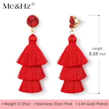 Me&Hz Red Tassel Earrings Layered Fringe Statement Dangle Drop Red Earrings for Women Dangling Red C...