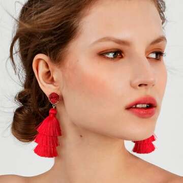 Me&Hz Red Tassel Earrings Layered Fringe Statement Dangle Drop Red Earrings for Women Dangling Red Christmas Earrings Large Holiday Earrings Costume Jewelry Valentines Day Gift