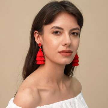 Me&Hz Red Tassel Earrings Layered Fringe Statement Dangle Drop Red Earrings for Women Dangling Red Christmas Earrings Large Holiday Earrings Costume Jewelry Valentines Day Gift