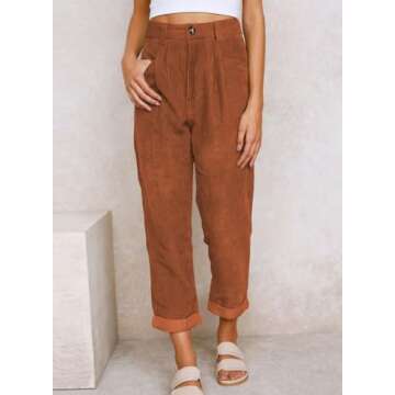 EVALESS Women's Pants Casual High Waisted Straight Leg Corduroy Pants for Women 2024 Trendy Loose Comfy Cropped Trousers Pants with Pockets Fall Fashion Teacher Outfits Orange Large