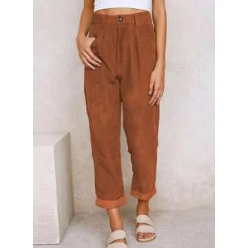 EVALESS Women's Pants Casual High Waisted Straight Leg Corduroy Pants for Women 2024 Trendy Loose Comfy Cropped Trousers Pants with Pockets Fall Fashion Teacher Outfits Orange Large