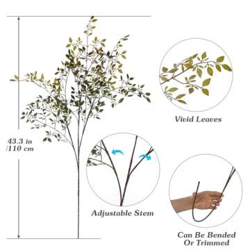 Ttranewsoo 2Pcs Artificial Greenery Stems, 43.6" Nandina Branches Tall Faux Plant Stems for Vase, Gr...