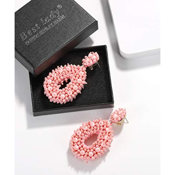 BEST LADY Statement Beaded Hoop Earrings - Fashion Bohemian Handmade Whimsical Drop Earrings for Women Jewelry, Idear Gifts for Mom, Sisters and Friends (Pink)