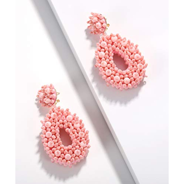BEST LADY Statement Beaded Hoop Earrings - Fashion Bohemian Handmade Whimsical Drop Earrings for Women Jewelry, Idear Gifts for Mom, Sisters and Friends (Pink)