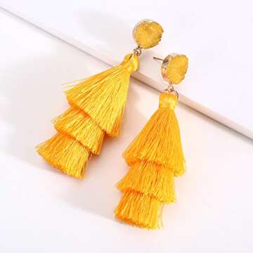 LEGITTA Yellow Tassel Earrings with Druzy Stud Thread Layered Tiered Linear Drop Dangle Fashion Bohe...