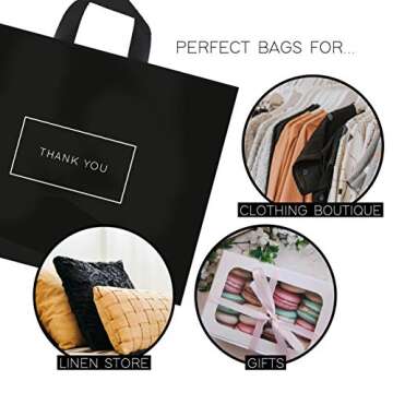 Purple Q Crafts Thank You Bags for Business Black Plastic Bags 50 Pack with Soft Loop Handle Thank You Shopping Bags for Boutique (15"x12")…